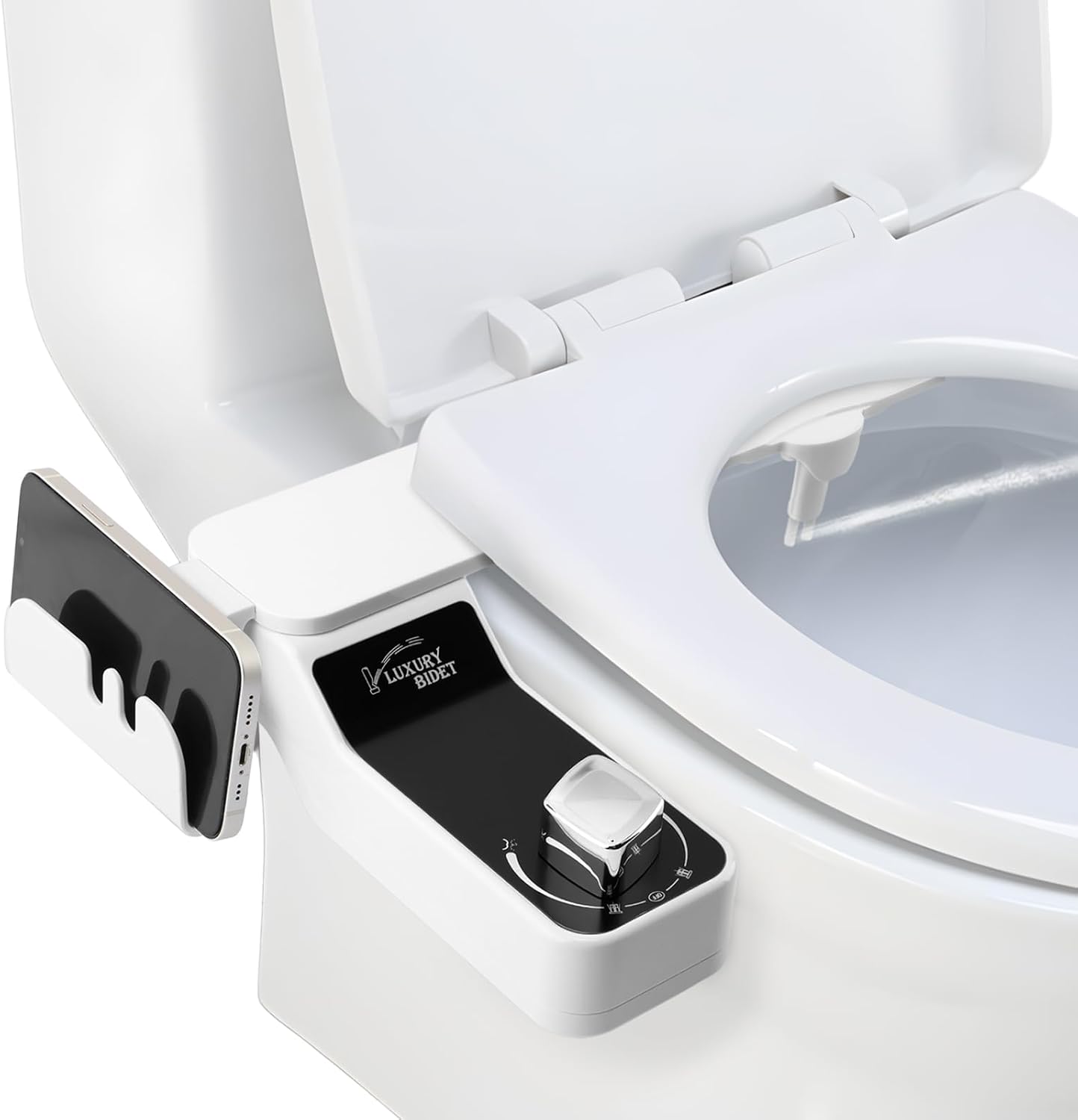 Close-up of luxury bidet model with phone carrier and pressure nozzle